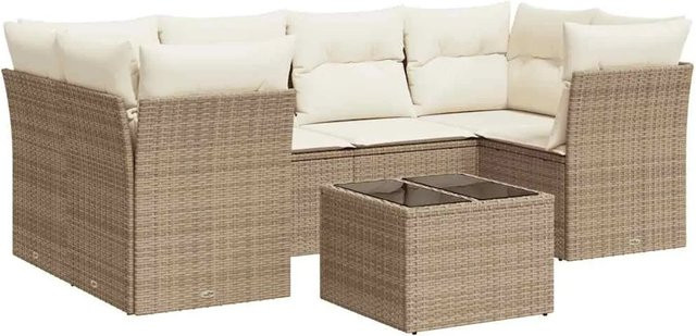 vidaXL 7-teilige Garten-Sofagarnitur in U-Form aus Poly-Rattan in Beige mit Kissen und Gartentisch - Bild 1