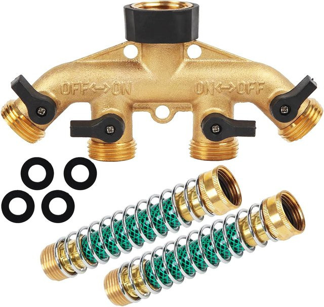 TOMTOP JMS 4-Wege-Gartenschlauchverteiler in Gold mit 3/4 Zoll Wasserhahn-Umleitungsschlauch, 2 Verlängerungsfedern und 4 Unterlegscheiben - Bild 1