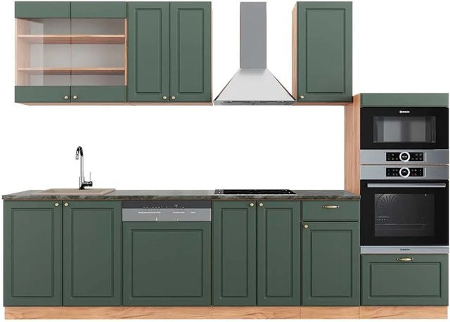 Vicco Fame-Line Küchenzeile Landhausstil in Grün-Gold und Anthrazit mit Hochschrank, Breite: 300 cm - Bild 1