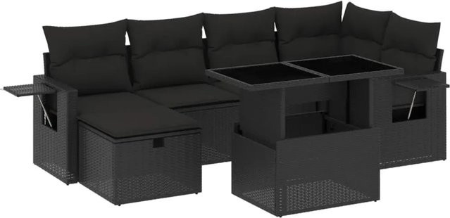 vidaXL 7-tlg Garten-Sofagarnitur aus Poly Rattan mit Kissen in Schwarz - Bild 1