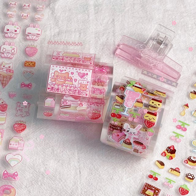 MINKYS Kawaii Erdbeer-Pixel-Dessert Washi Tape mit transparenten Aufklebern in Multicolour für Journaling und Bastelarbeiten - Bild 1