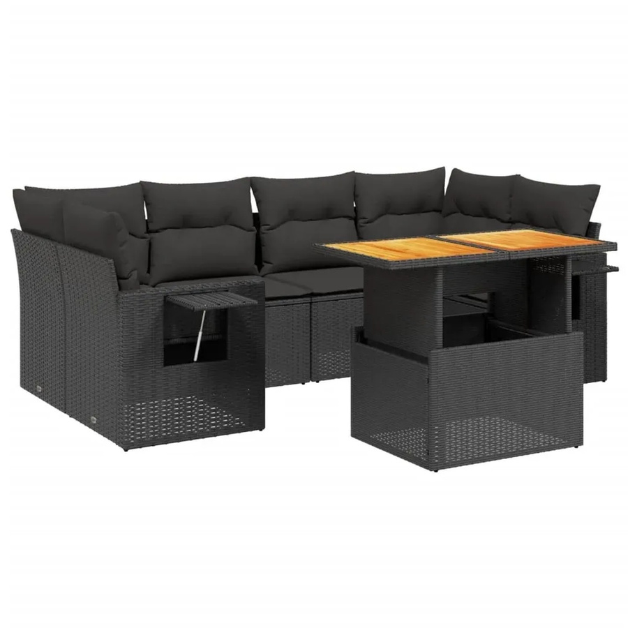 vidaXL 7-teilige Garten-Sofagarnitur in L-Form aus Polyrattan und Akazienholz mit Kissen, Schwarz - Bild 2