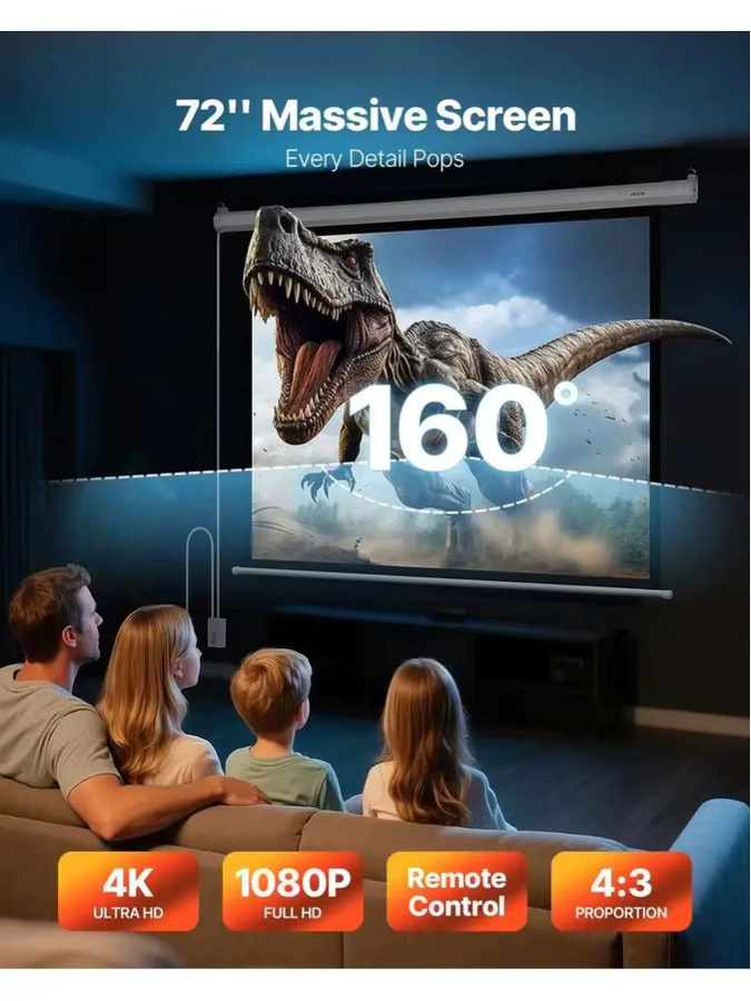 Motorisierte elektrische Projektionsleinwand in Weiß, 4:3 Format, Full HD 1080p, wandmontierbar mit Fernbedienung für dein Heimkino - Bild 5