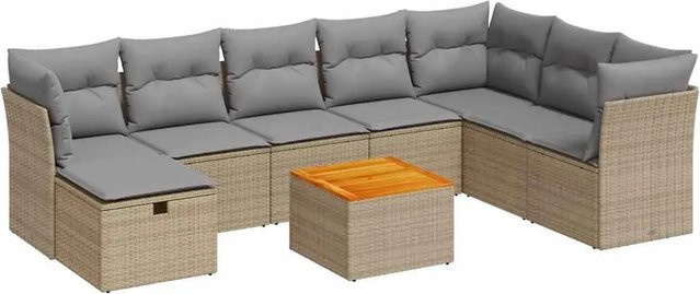 vidaXL 9-teilige Garten-Sofagarnitur in L-Form aus Poly-Rattan und Akazienholz mit Kissen und Couchtisch in Beige - Bild 1