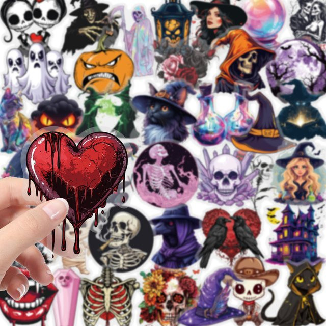 50 Stück Halloween PET Aufkleber mit Hexen- und Totenkopf-Designs in Multicolour für DIY-Projekte - Bild 1