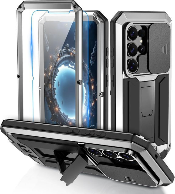 Robuste 360 Vollkörper Schutzhülle aus Metall für Samsung Galaxy S25 Ultra und S24 Ultra Plus in Silber - Bild 1