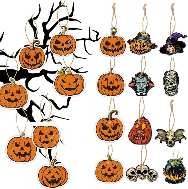 WEIGAO 8er Set Vintage Halloween Baumornamente mit Kürbis, Hexe und Schädel als hängende Anhänger in Orange - Bild 1