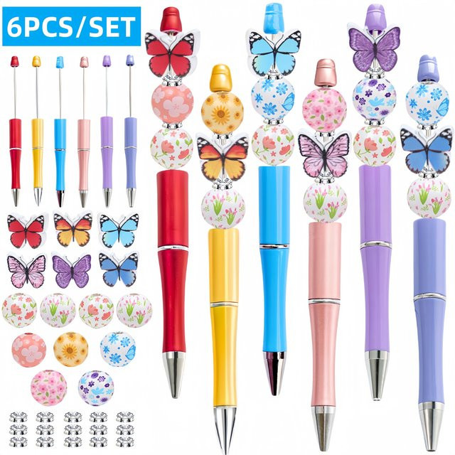 6er Set DIY Perlen Kugelschreiber und Holzperlen Set mit Regenbogen Schmetterling und Blumen Design in Mehrfarbig - Bild 1