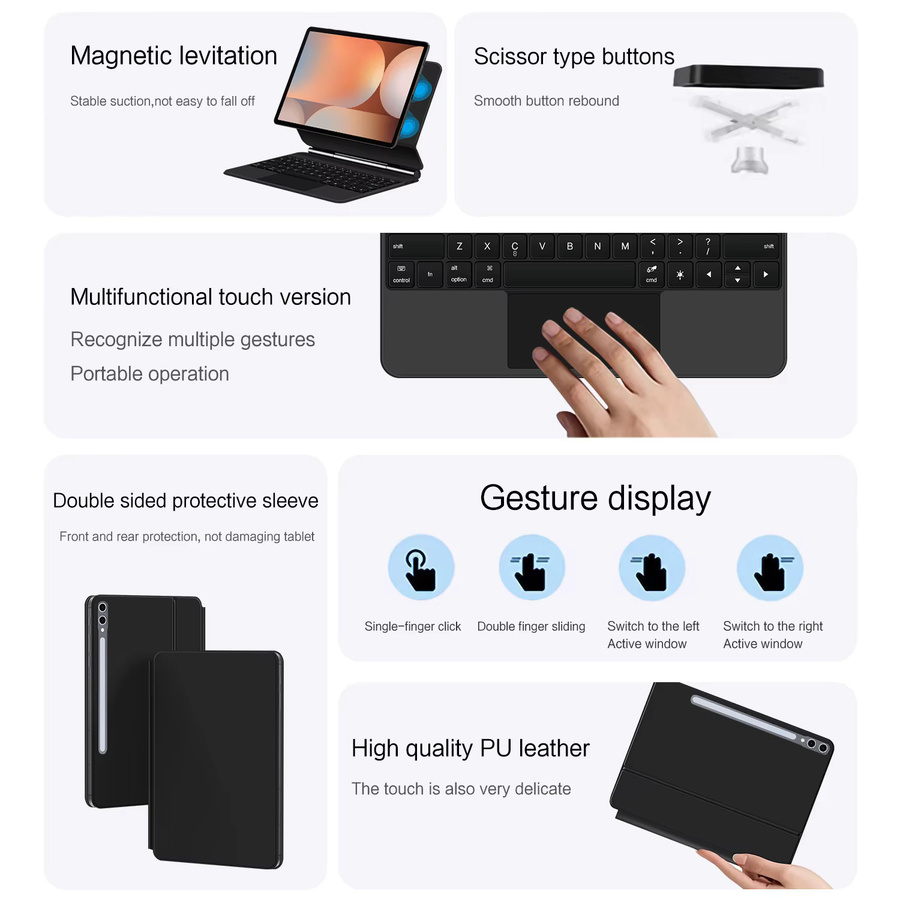 Schwebende Magic Keyboard Hülle für Samsung Galaxy Tab S10 Plus S9 Plus S8 Plus S7 FE 12.4 Zoll in Schwarz - Bild 2