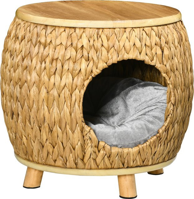 PAWHUT 2-in-1 Katzenhöhle und Katzenkorb aus Rattan und Wasserhyazinthengras mit Kissen, hellbraun und grau, B/T/H: 44 x 43 x 42 cm - Bild 1