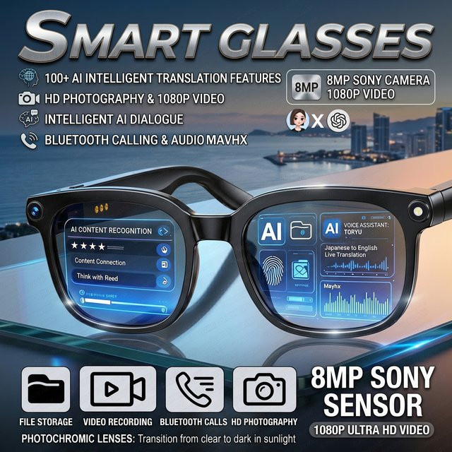 GUHUAVMI Smarte KI-Brille mit 1080P HD Videoaufnahme, ChatGPT Unterstützung, Bluetooth für Anrufe und Sprachübersetzung, Sonnenbrille für Herren, Schwarz - Bild 1