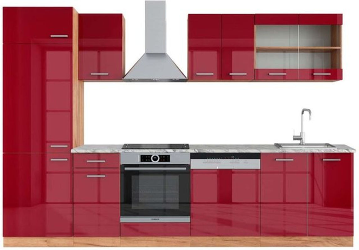 Vicco Küchenzeile R-Line in Bordeaux und Eiche Natur mit Marmor-Optik, Breite: 300 cm, Höhe: 207 cm, Tiefe: 60 cm - Bild 1