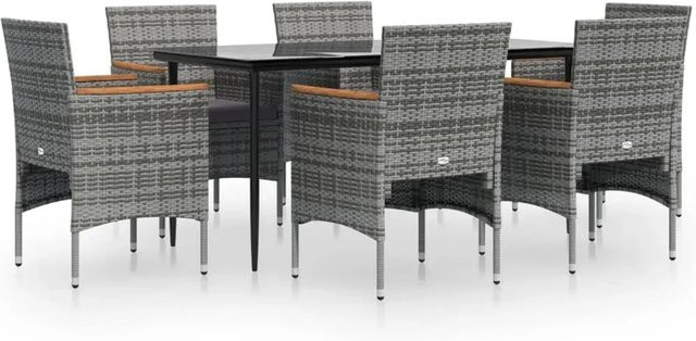 vidaXL 7-teilige Garten-Essgruppe aus PE-Rattan und Akazienholz in Grau und Schwarz mit Hartglasplatte - Bild 1