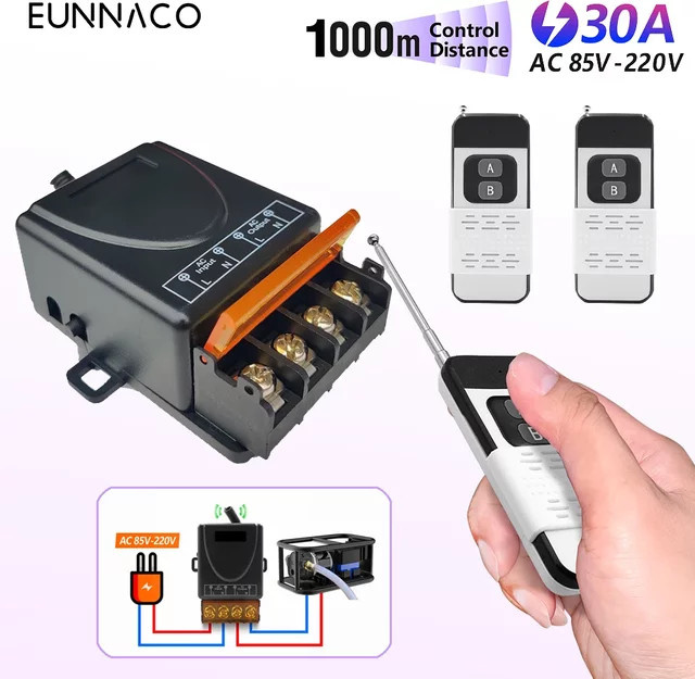 EUNNACO RF433MHz Drahtlose Fernbedienung mit Sender und Empfänger für Lampen und Elektrogeräte, Schwarz - Bild 1