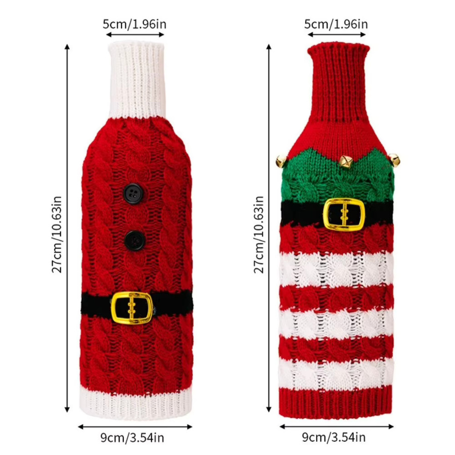 WakaParty Weihnachtliche Weinflaschenhülle mit Weihnachtsmann Motiv in Rot, gestrickte Weinflaschentasche aus Textil zur Tischdekoration - Bild 2