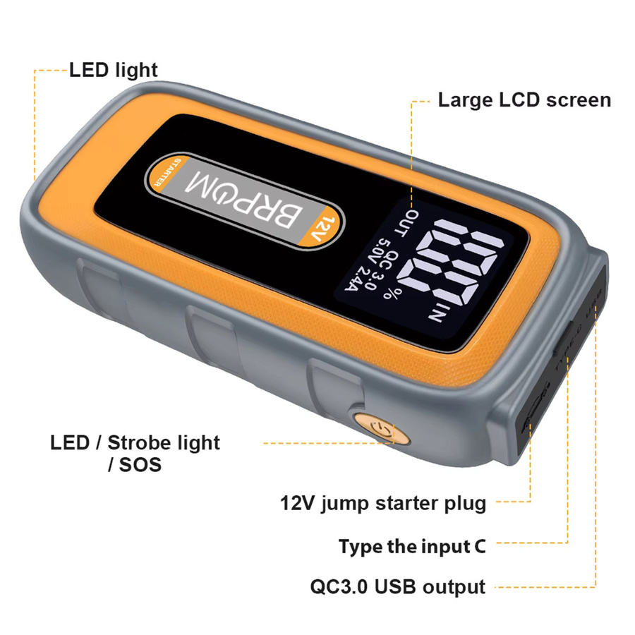 BRPOM Auto-Notstartgerät mit 26800mAh und 6000A Spitzenleistung, 12V Batterieladegerät und Starterbox mit Display und Notlicht sowie Powerbank Funktion - Bild 4