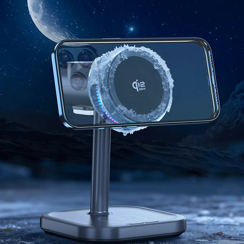 VIKEFON ICE Cooling Qi2 Rotierender Magnetischer Kabelloser Ladeständer Schwarz für iPhone, Apple Watch und AirPods - Bild 5