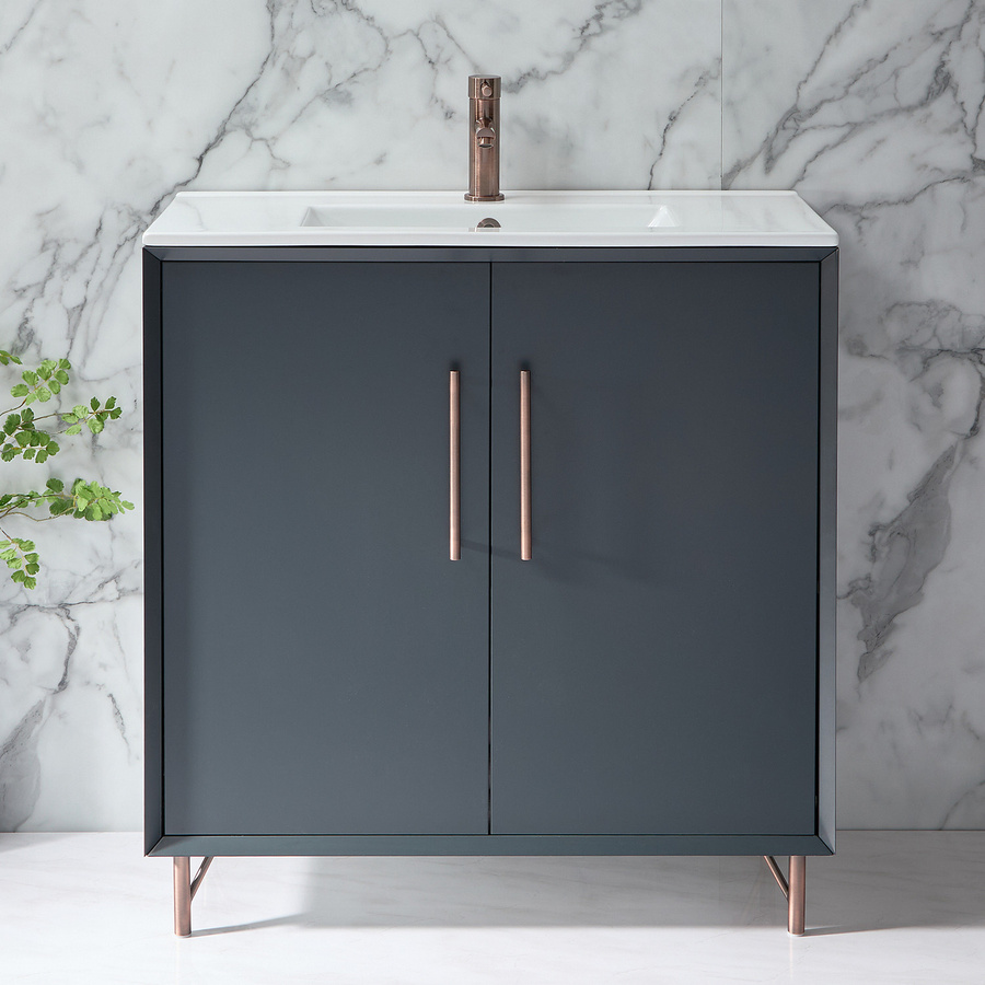 Waschtischunterschrank mit Waschbecken HudsonReed Edge in Anthrazit mit Soft-Close-Türen und Griffen in gebürsteter Bronze, Breite: 81 cm - Bild 1