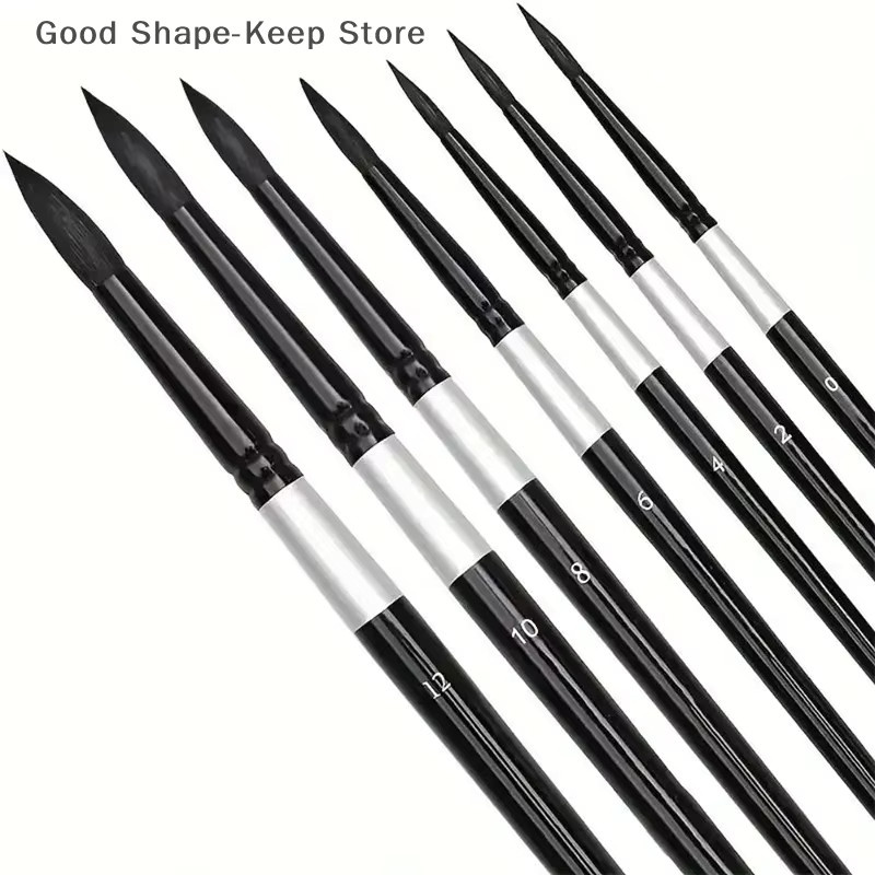 7-teiliges Kunstpinsel-Set für Anfänger mit Holzgriff in Schwarz, runde Pinsel mit spitzen Spitzen für Gouache und Wasserfarben - Bild 3