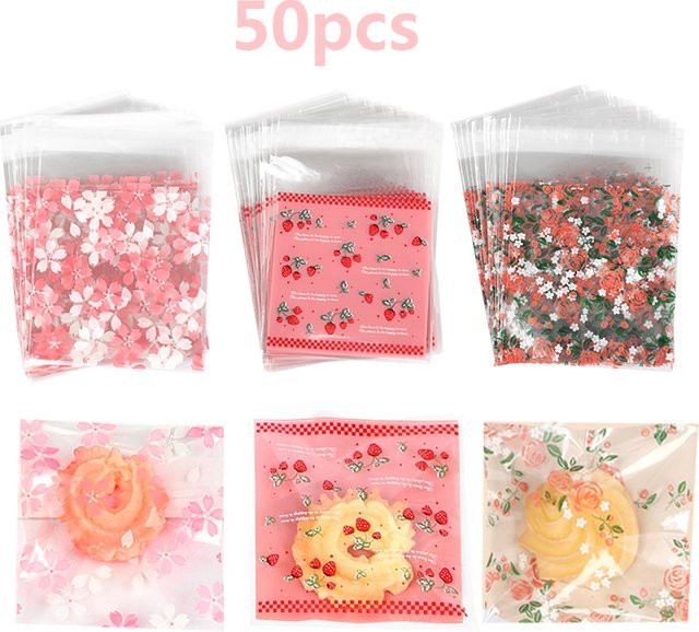 50 Stück selbstklebende Kunststoff-Verpackungsbeutel mit Kirschblüten-Design in Transparent für Süßigkeiten und Geschenke - Bild 1