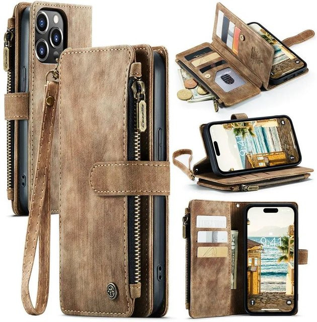 YULIN Leder Handyhülle mit Lanyard und Geldbörse für iPhone 12 bis iPhone 17 Pro Max, Farbe: Braun - Bild 1