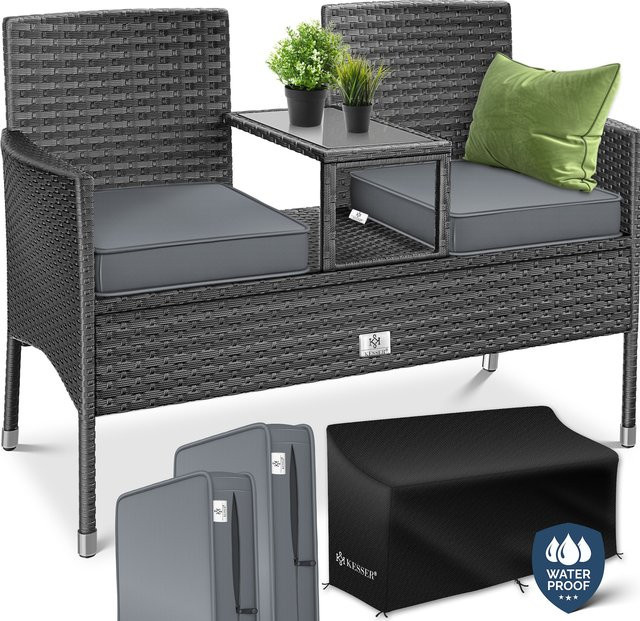 KESSER Polyrattan Gartenbank 2-Sitzer mit Tisch und Kissen in Grau, B/T/H: 133 x 55 x 84 cm - Bild 1