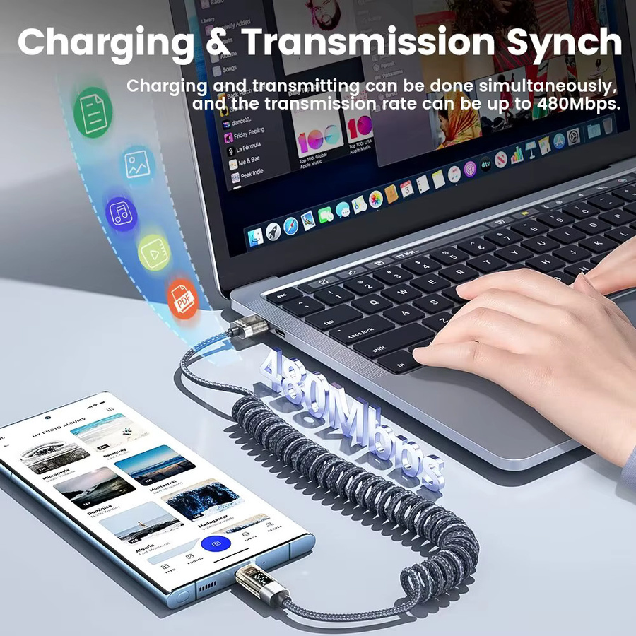 Toocki USB-C Schnellladekabel 66W mit Display, 6A Datenkabel in Transparent Blau für Huawei, Xiaomi, Samsung und Realme - Bild 3