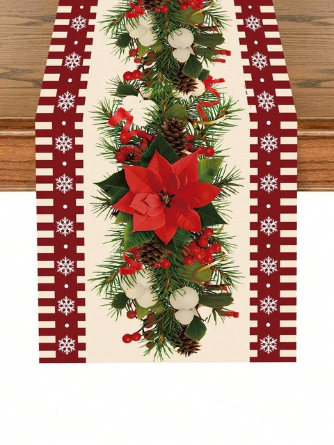 JIT Weihnachts-Tischläufer mit Weihnachtsstern und Kiefernmuster in Rot aus Leinen - Bild 1