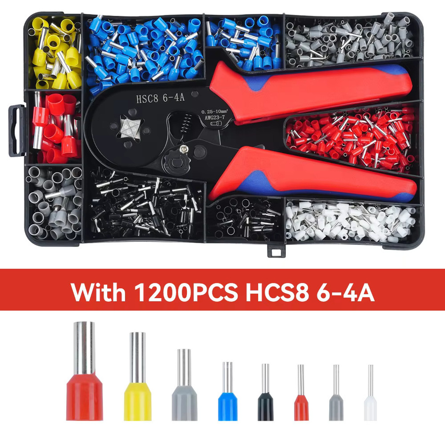 HSC8 6-4A Selbsteinstellende Hand-Crimpzange mit 1200 isolierten Steckverbinder-Crimpklemmen für Aderendhülsen 0,25–10 mm² (23–7 AWG) und Elektrikerwerkzeug-Set - Bild 3