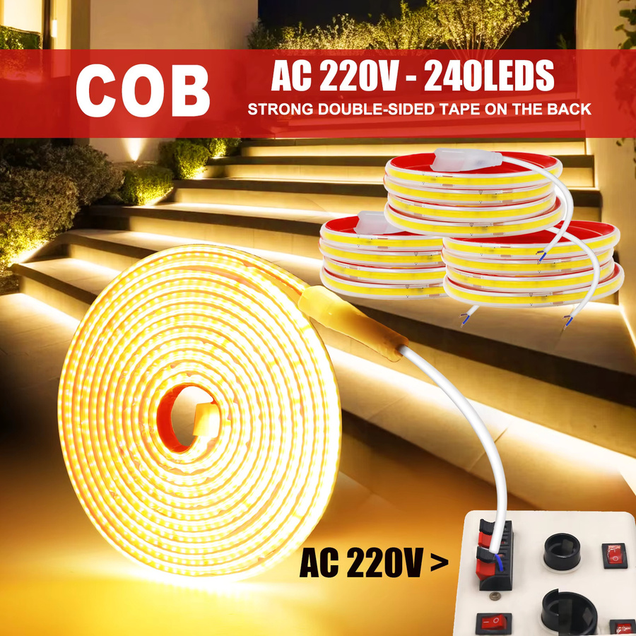 HEGEHE COB-LED-Streifen mit 240 LEDs/m, wasserdichter Lichtschlauch für AC 220 V direkt Anschluss, flexibles Flachband für Heimdekoration - Bild 2