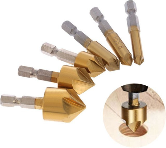 Aideepen 6er Set Senkkopfbohrer mit Sechseckigem Griff aus HSS, Titanbeschichtet, Durchmesser: 6-19 mm - Bild 1