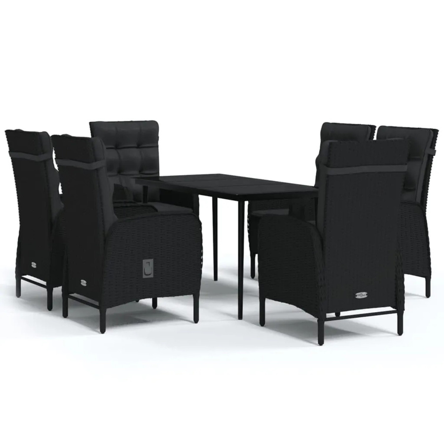 vidaXL 7-teilige Garten-Essgruppe aus PE-Rattan und Glas in Schwarz mit Kissen, B/T/H: 110 x 63 x 74 cm - Bild 2