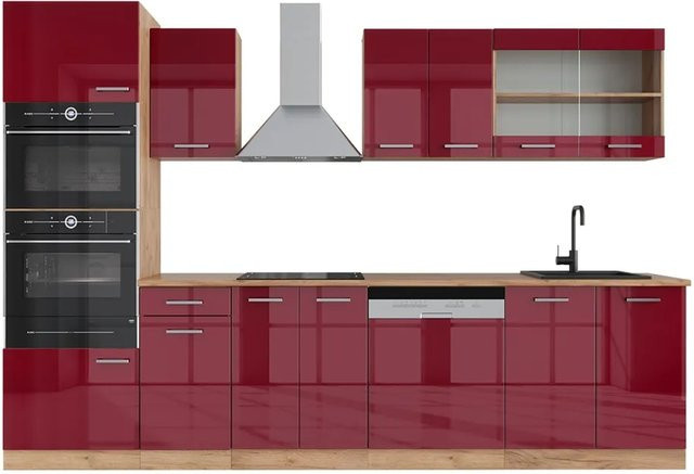 Vicco R-Line Küchenzeile Bordeaux Hochglanz und Goldkraft Eiche mit Hochschrank, Breite: 300 cm - Bild 1