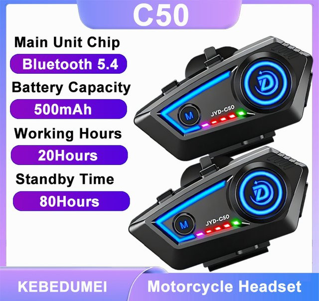 Kebidumei C50 Motorradhelm-Headset mit Bluetooth 5.4, Stereo Freisprechfunktion, IP67 Wasserdicht und farbiger Umgebungsbeleuchtung in Schwarz - Bild 1