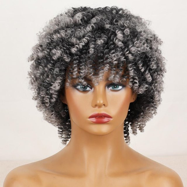 LISI HAIR Afro-Damen-Perücke, kurz, lockig, grau, mit Pony, Kunstfaser - Bild 1