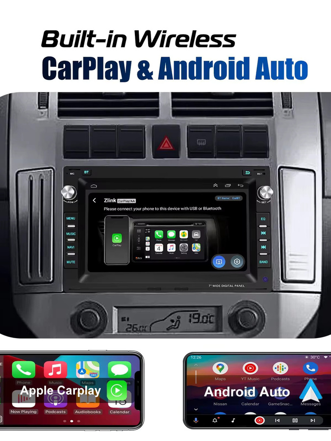 ESSGOO Android 15 Autoradio mit 7 Zoll Display, 64G Speicher, kabelloses CarPlay, Android Auto, GPS Navigation, Bluetooth und Lenkradsteuerung in Schwarz für VW Polo 9N, Golf 4, Passat B5, T5 Multivan und Seat Jetta - Bild 5