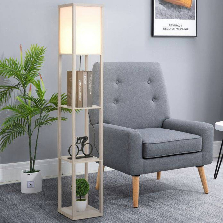 HOMCOM Stehleuchte mit Regalen in Eiche und Weiß, moderne Bodenlampe aus Holz und MDF mit E27 Fassung, B/T/H: 26 x 26 x 160 cm - Bild 2