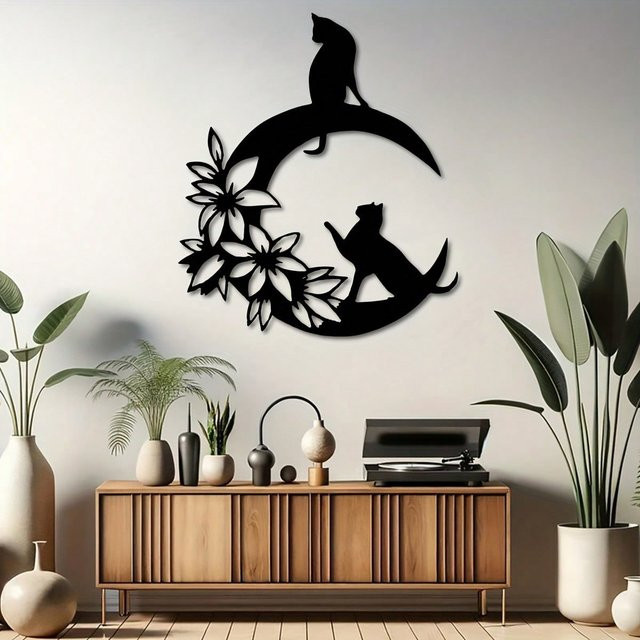 CIFBUY Metall-Wandkunst Schwarze Katze auf dem Mond mit floralen Akzenten, Farbe: Schwarz - Bild 1