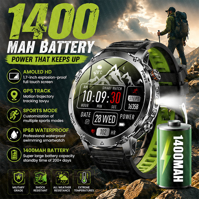 GUHUAVMI Outdoor Militär Smartwatch in Schwarz mit GPS-Sportverfolgung, Bluetooth-Anruffunktion, Taschenlampe und IP68 Wasserdichtigkeit sowie 1400mAh Akku - Bild 1