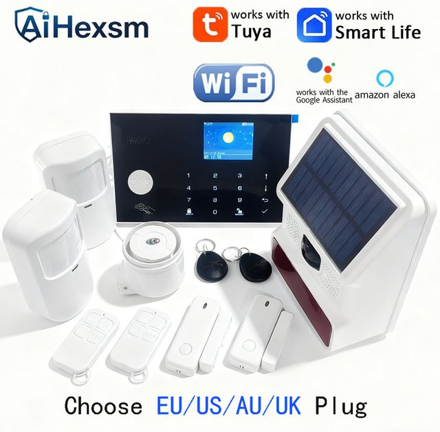 AiHexsm Kabelloses Solar-Sirenen-WLAN-GSM-Alarmsystem für den Außenbereich, Smart Life Tuya App-Steuerung und Alexa-Kompatibilität, PIR-Einbruchmeldeanlage, Weiß - Bild 1