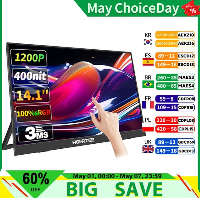 HGFRTEE Tragbares 14 Zoll Touchscreen Display mit 10-Punkt-Touch in Schwarz für Laptop, PC, Mac, Xbox und PS4/5 - Bild 1