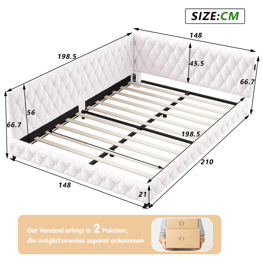 FEEOHOME Polsterbett Schlafsofa mit LED-Beleuchtung und USB-Ladeanschluss aus Teddy-Samtstoff in Beige, B/T: 140 x 200 cm - Bild 2