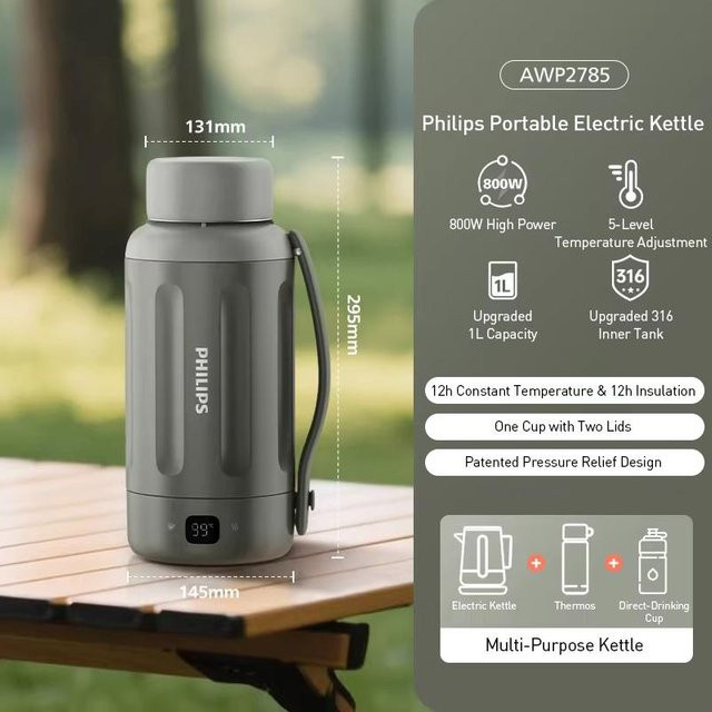Philips Tragbarer Wasserkocher AWP2785 in Grau mit 5 Temperatureinstellungen, Edelstahl und 1000 ml Fassungsvermögen - Bild 1