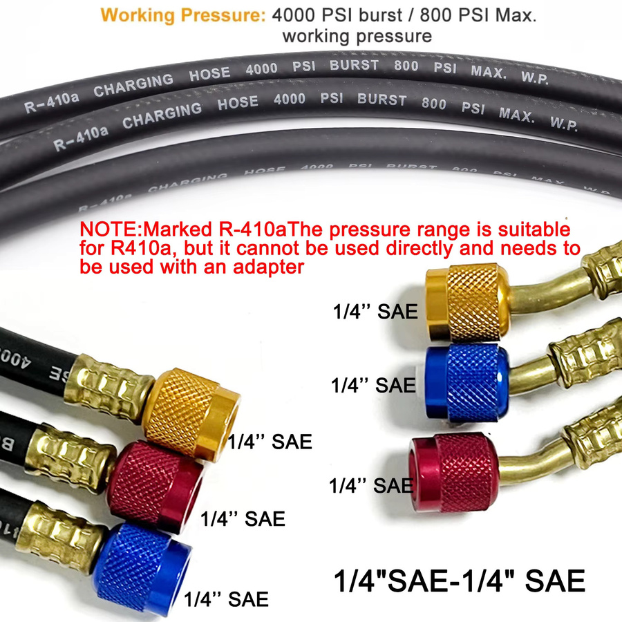 3er-Set Kältemittel-Ladeschläuche mit Kugelhähnen für R134a, R410a, R12, R22 und R502, 1/4 Zoll SAE, Mehrfarbig - Bild 6