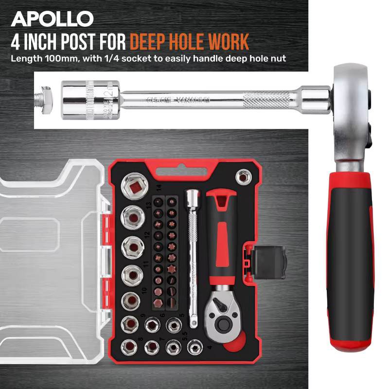 Apollo 35-teiliges Mini-Ratschenschlüssel-Steckschlüsselsatz mit 1/4-Zoll-Antrieb und Sechskant-Bits für die Autoreparatur - Bild 4
