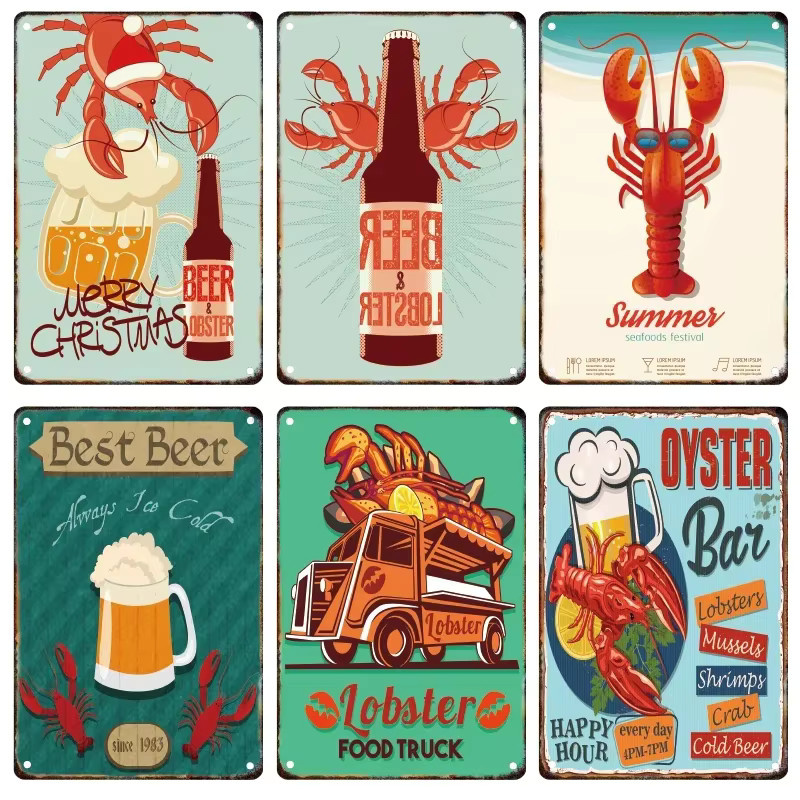 Potdemiel Vintage Metall Poster Hummer und Krabbe Wandkunst Mehrfarbig B: 30,0 cm, H: 20,0 cm - Bild 2