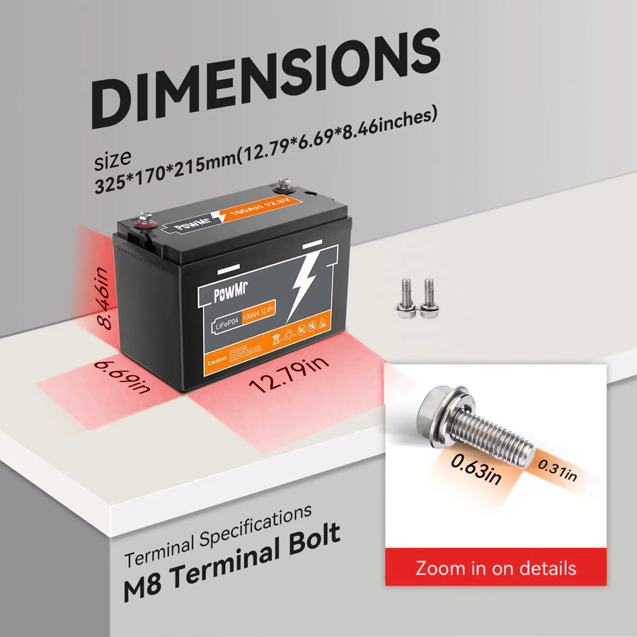 PowMr LiFePO4 Solar-Lithiumbatterie 12,8 V in Schwarz mit über 6000 Zyklen für die serielle Verschaltung bis zu 4 Einheiten - Bild 3