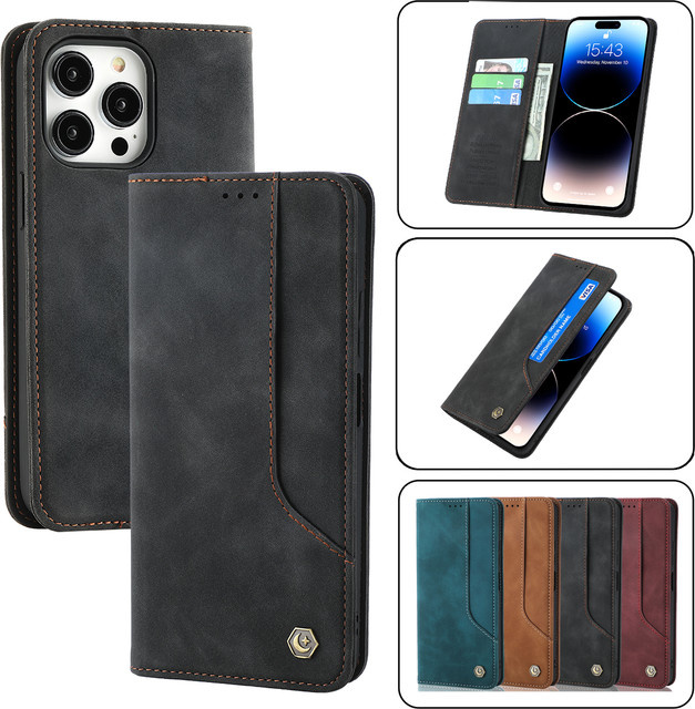 AIERHEBA Business-Ledertasche für iPhone als Magnetische Flip Wallet Card Slot Phone Cover in Schwarz oder Braun - Bild 1