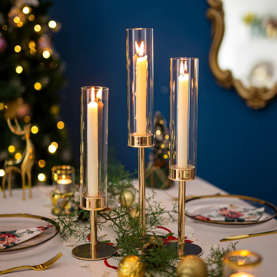 3-teiliges Kerzenhalter-Set von Yiran Furniture aus Metall und Glas in Gold für Stabkerzen zur Tischdekoration bei Hochzeiten und Partys - Bild 3