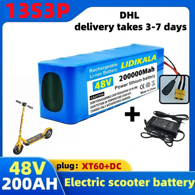 Original 13S3P Lithium-Ionen-Akkupack 48V 200Ah 2000W mit BMS und Ladegerät für 54,6V Elektroroller, Blau - Bild 1